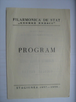 Program Filarmonica Romana de Stat - Concert vocal Elisabeta Neculce Cartis si Nicolae Gafton (20 decembrie 1957) / si bilet foto