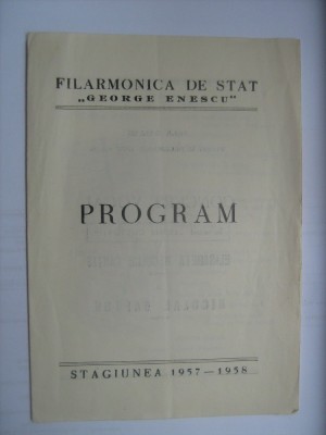 Program Filarmonica Romana de Stat - Concert vocal Elisabeta Neculce Cartis si Nicolae Gafton (20 decembrie 1957) / si bilet foto