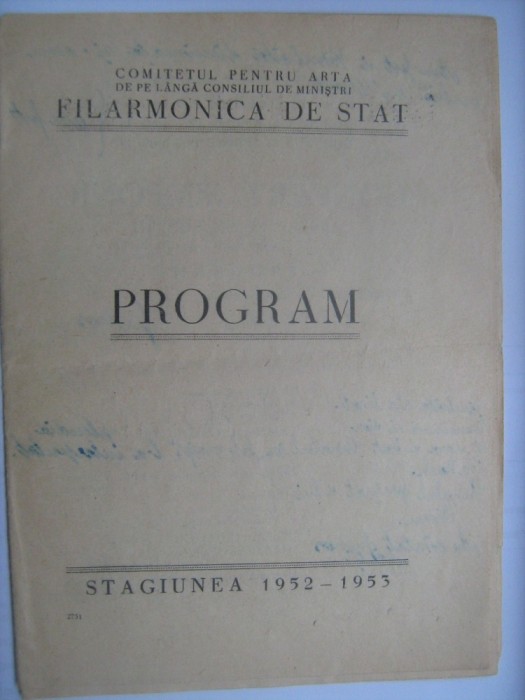 Program Filarmonica Romana de Stat - concert simfonic, dirijor Theodor Rogalski (21 martie 1953) / si bilet