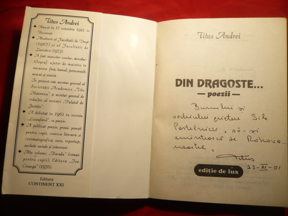 Titus Andrei - Din Dragoste - Prima Ed. cu dedicatie si autograf - Poezii  1993 | Okazii.ro