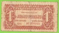 Cehoslovacia bancnota 1 JEDNU KORUNU KRONA COROANA KOROANA 1944 foto