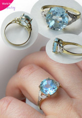 Inel cu Topaz Albastru si Diamante - Pietre Naturale, Aur Galben 10K foto
