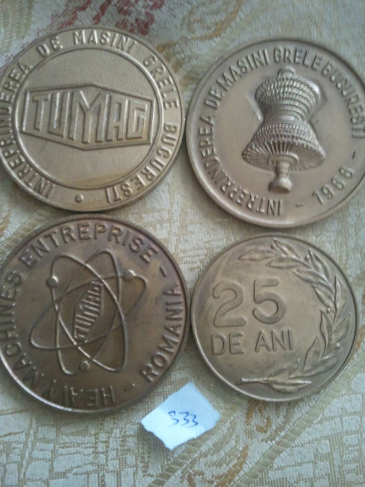 Lot 4 medalii Intreprinderea de Masini Grele Bucuresti Tumag 333 grame + taxele postale = 350 roni