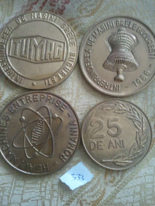 Lot 4 medalii Intreprinderea de Masini Grele Bucuresti Tumag 333 grame + taxele postale = 350 roni