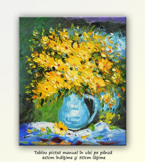 Carafa cu flori galbene - tablou ulei in cutit 60x50cm, livrare gratuita in 24-48h foto
