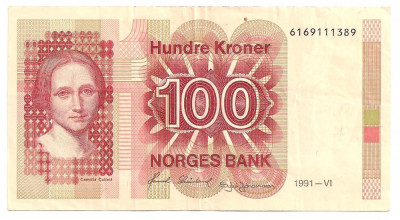 NORVEGIA 100 KRONER COROANE 1991 VF foto