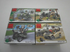 Set 4 jocuri de constructie tip Lego cu armata, Avion, Masina, Motocicleta si ATV, total 101 piese, 4 minifigurine soldat, Enlighten Combat Zones, NOI foto