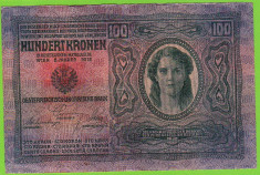 Austria Ungaria bancnota 100 KRONEN KORONA-scrie si in limba romana UNA SUTA COROANE 1912 foto