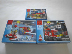 Set 3 jocuri de constructie pt. baieti tip LEGO City Pompieri, Camion, Jeep si Elicopter, total 303 piese, 5 minifigurine, Enlighten Fire Rescue, NOI foto