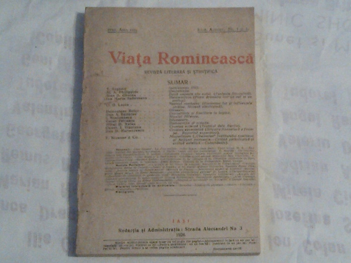 REVISTA VIATA ROMANEASCA- LITERARA SI STIINTIFICA -Nr.7 si 8 Iulie-August 1926~
