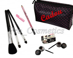 Set 3 Pensule Machiaj Profesionale MAC + Eyeliner Gel in 2 culori cu pensule de aplicare + Creion sprancene cu periuta - PROMOTIE #05 + CADOU Gentuta foto