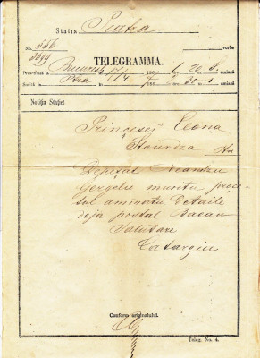 Telegrama trimisa prin anii 1860 printesei Elena Sturdza scrisa si semnata olograf de Lascar Catargi , fost de 4 ori Prim Ministru al Romaniei foto