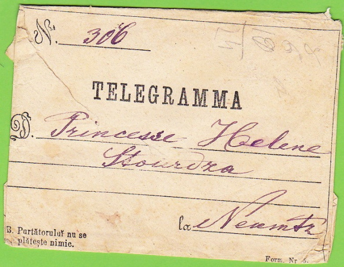 Plicul unei telegrame trimise printesei Elena Sturdza la Piatra Neamt aproximativ 1860-70