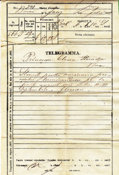 Telegrama trimisa de la Iasi la Bacau printesei Elena Sturdza in anul 1870