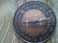 Medalie Academia Romano-Americana de Stiinte si Arte al 16 lea congres anual ARA,16th Annual ARA Congress, Bucuresti 1991, 14 grame foto