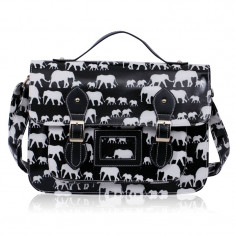 Geanta neagra de scoala / Geanta stil postas / Geanta crossbody / Geanta print elefant / Geanta tip satchel model englezesc - import Anglia foto