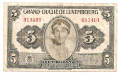 LUXEMBURG 5 FRANCI FRANCS ND (1944) F foto