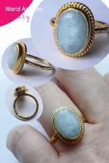 Inel cu Design inspirat din Roma Antica, cu Acvamarin Albastrui Natural, Argint 925 Aurit foto