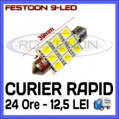 BEC AUTO LED LEDURI - SOFIT FESTOON C5W - 39 mm 9 SMD - ILUMINARE PLAFONIERA, NUMAR - CULOARE ALB XENON 6000K foto