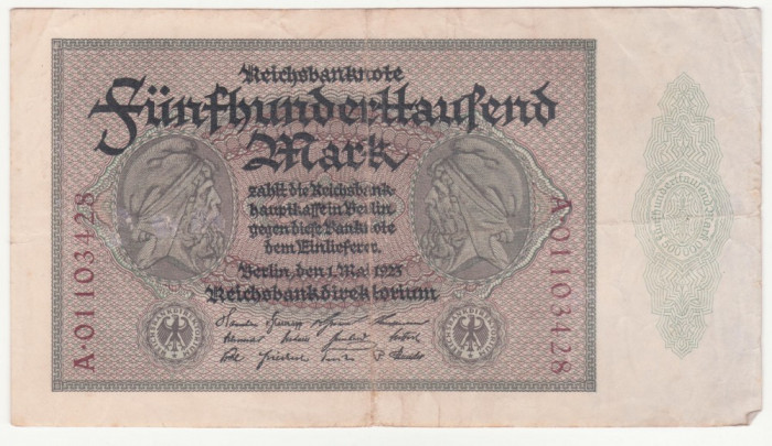 (4) BANCNOTA GERMANIA - 500.000 MARK 1923 (1 MAI 1923), MAI RARA