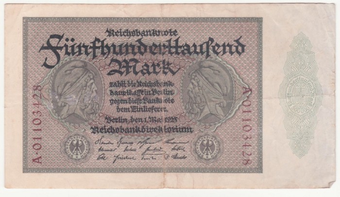 (4) BANCNOTA GERMANIA - 500.000 MARK 1923 (1 MAI 1923), MAI RARA