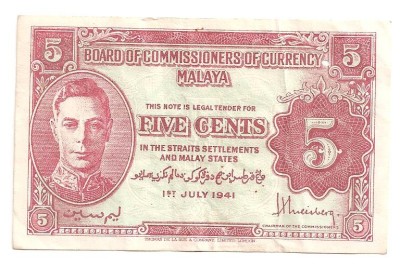 MALAYA 5 CENTS CENTI 1941 F foto