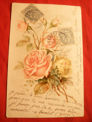 Ilustrata TCV 2 timbre-Felicitare- Trandafiri, piesa de autor ,circ.1904 ,Franta foto