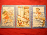 3 Ilustrate -Felicitari -Desene comice cu copii ,piese autor ,Italia ,inc.sec.XX