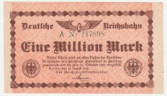 (1) BANCNOTA GERMANIA - DEUTSCHE REICHSBAHN - 1.000.000 MARK 1923 (12 AUGUST 1923) - UNIFATA, STARE BUNA foto