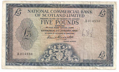 SCOTIA NATIONAL COMMERCIAL BANK OF SCOTLAND LIMITED 5 POUNDS LIRE 1963 F foto