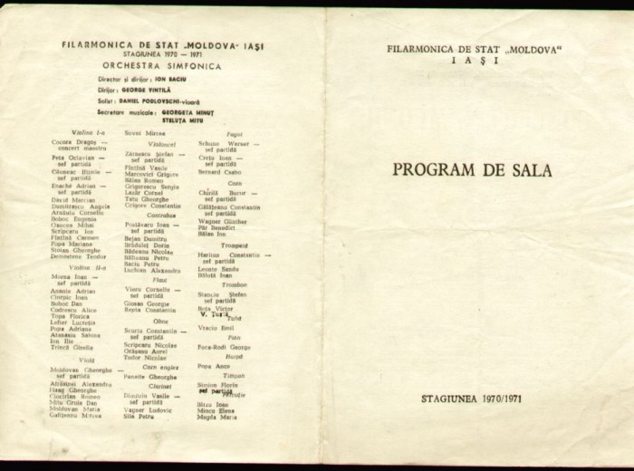 Concert Simfonic solista Cornelia Vasile, program Filarmonica Moldova Iasi 1970