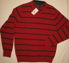 Pulover TOMMY HILFIGER, rosu cu dungi orizontale, 100% bumbac, masura M foto