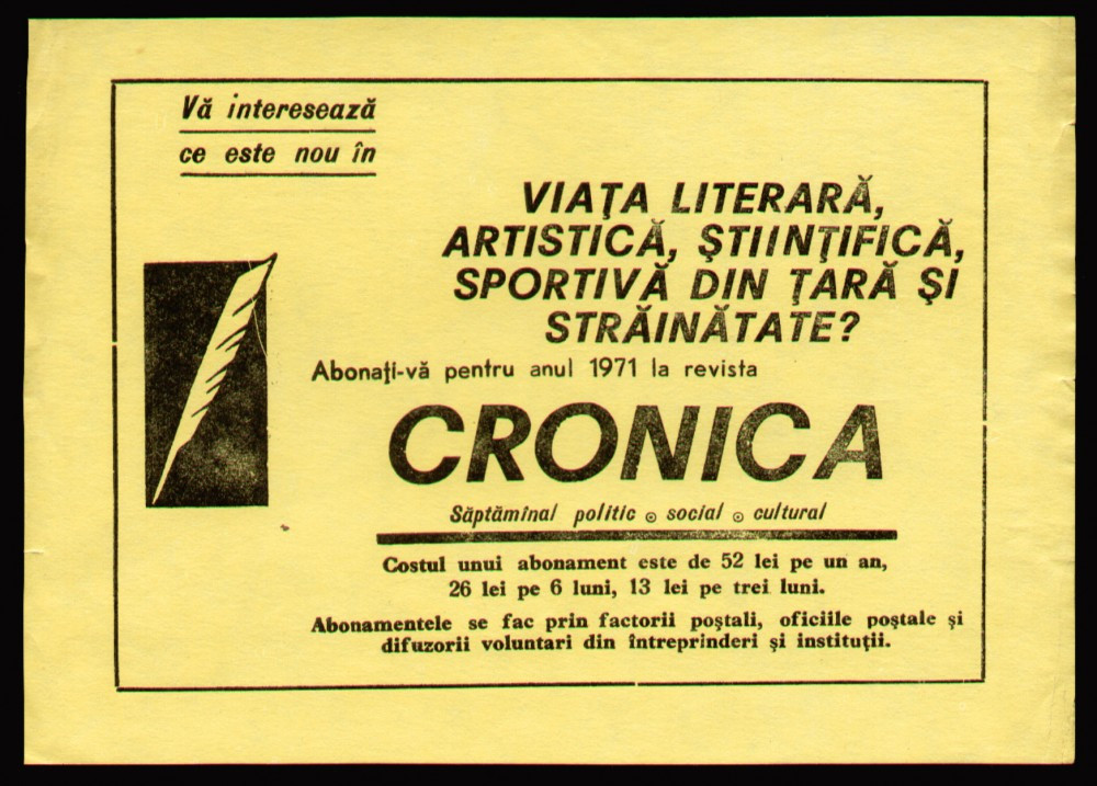 Fluturas publicitar Abonati-va pentru anul 1971 la revista CRONICA, reclama  | arhiva Okazii.ro