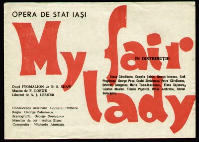 Fluturas promotional spectacol MY FAIR LADY, reclama Opera de Stat Iasi 1967 foto