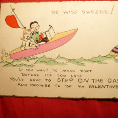 Carte postala -Felicitare pictata manual- Scena comica-Indragostiti in barca- Valentine's Day