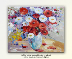 Tablou in culori calde - Vaza cu flori (8) - ulei pe panza, in cutit, 60x50cm foto