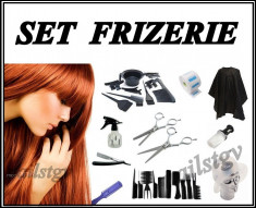 Set Frizerie/Coafor cu foarfeca tuns si filat,brici,10 pieptani,pulverizator,guler frizerie, accesorii vopsire,pelerina,casca suvite foto