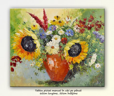 Vaza cu floarea soarelui si margarete (2) - ulei in cutit 60x50cm, livrare gratuita in 24h foto
