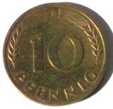 G5. GERMANIA 10 PFENNIG 1950 F, 4 g., Brass Clad Steel, 21.5 mm **, Europa