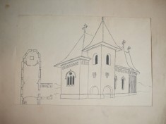 Desen si schita in penita&amp;quot;BISERICA tip III,original semnat G. M. Cantacuzino x foto