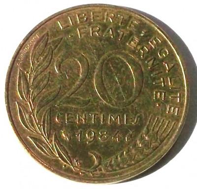 G5. FRANTA 20 CENTIMES 1984, 4 g., Aluminum-Bronze, 23.5 mm ** foto