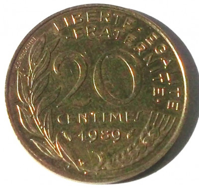 G5. FRANTA 20 CENTIMES 1989, 4 g., Aluminum-Bronze, 23.5 mm ** foto