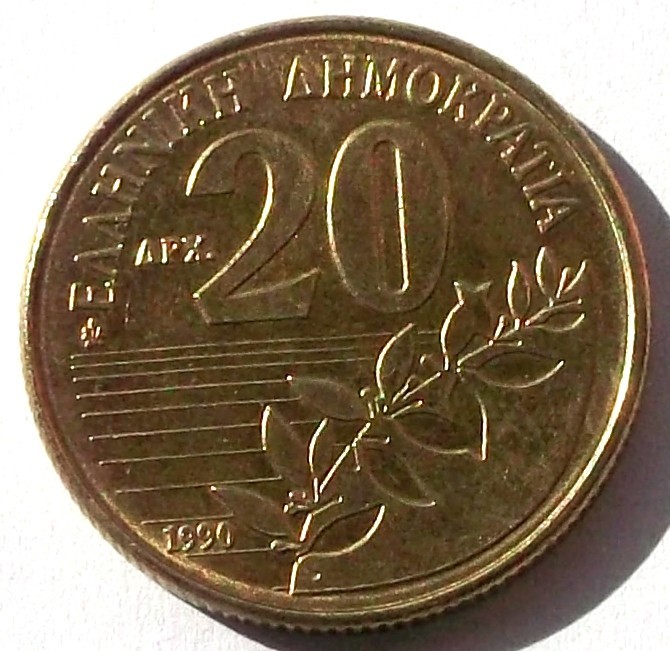 G5. GRECIA 20 DRACHMES DRAHME 1990, 7 g, 24.5 mm, Dionysios Solomos AUNC **
