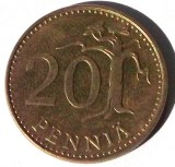 G5. FINLANDA 20 PENNIA 1989, 4.50 g., Aluminum-Bronze, 22.5 mm **