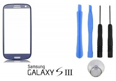 Sticla display fata Samsung Galaxy S3 albastru inchis + kit desfacere si adeziv foto