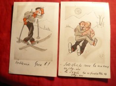 2 Ilustrate - Caricaturi- Skiori , circulate 1936 foto