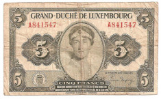 LUXEMBURG 5 FRANCI FRANCS ND (1944) U foto