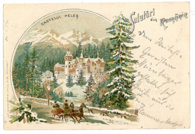 2566 - SINAIA , Prahova, winter, PELES tower, Litho - old postcard - used - 1899 foto