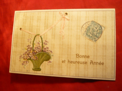 Ilustrata -Felicitare TCV ,in relief - Cos cu Flori 1906 , cu material textil foto
