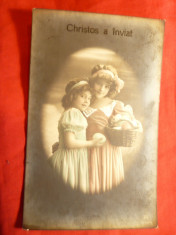 Felicitare de Paste - Ilustrata - Fetite, cos cu oua , circulat 1927 foto